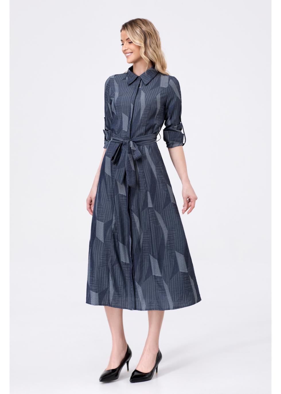 Navy Geometric Belted Dress - MissFinchNYC