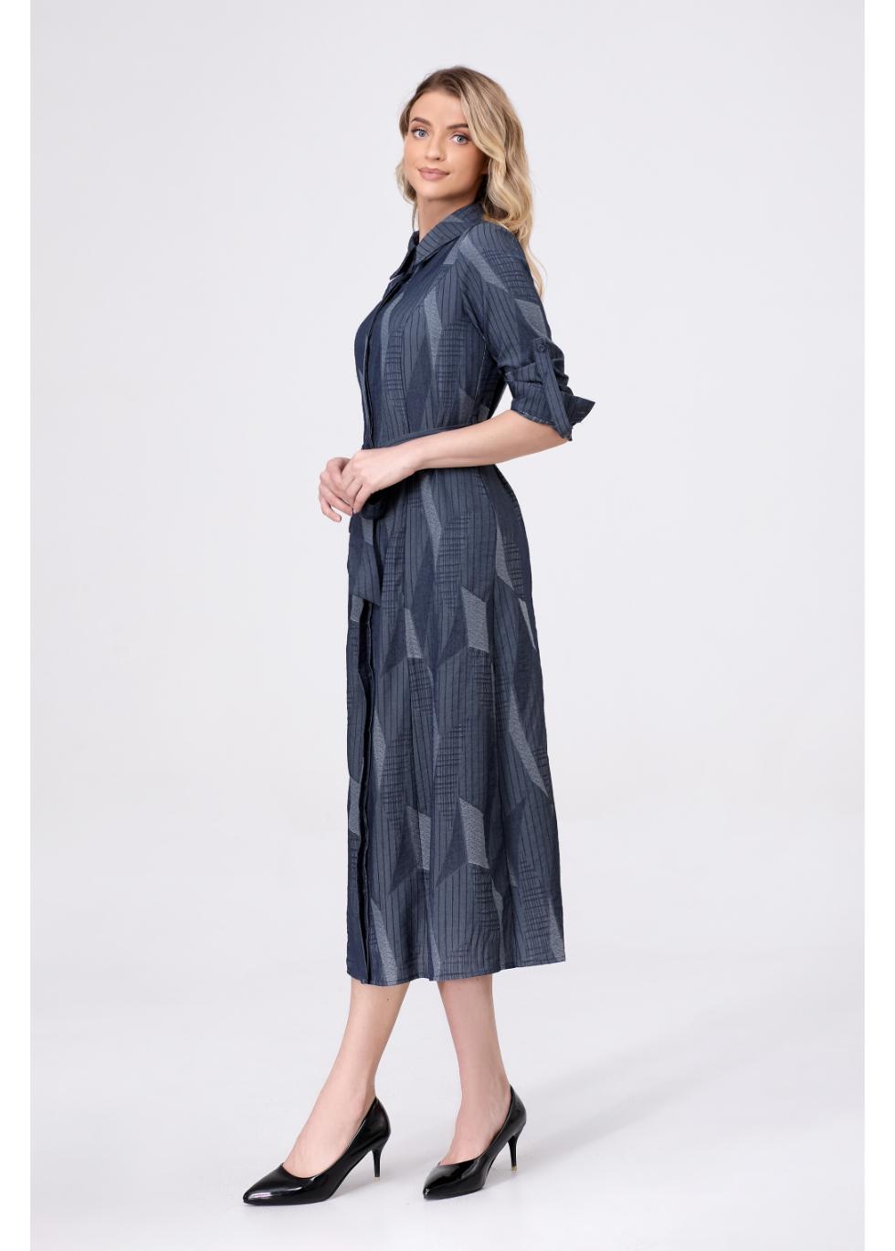 Navy Geometric Belted Dress - MissFinchNYC