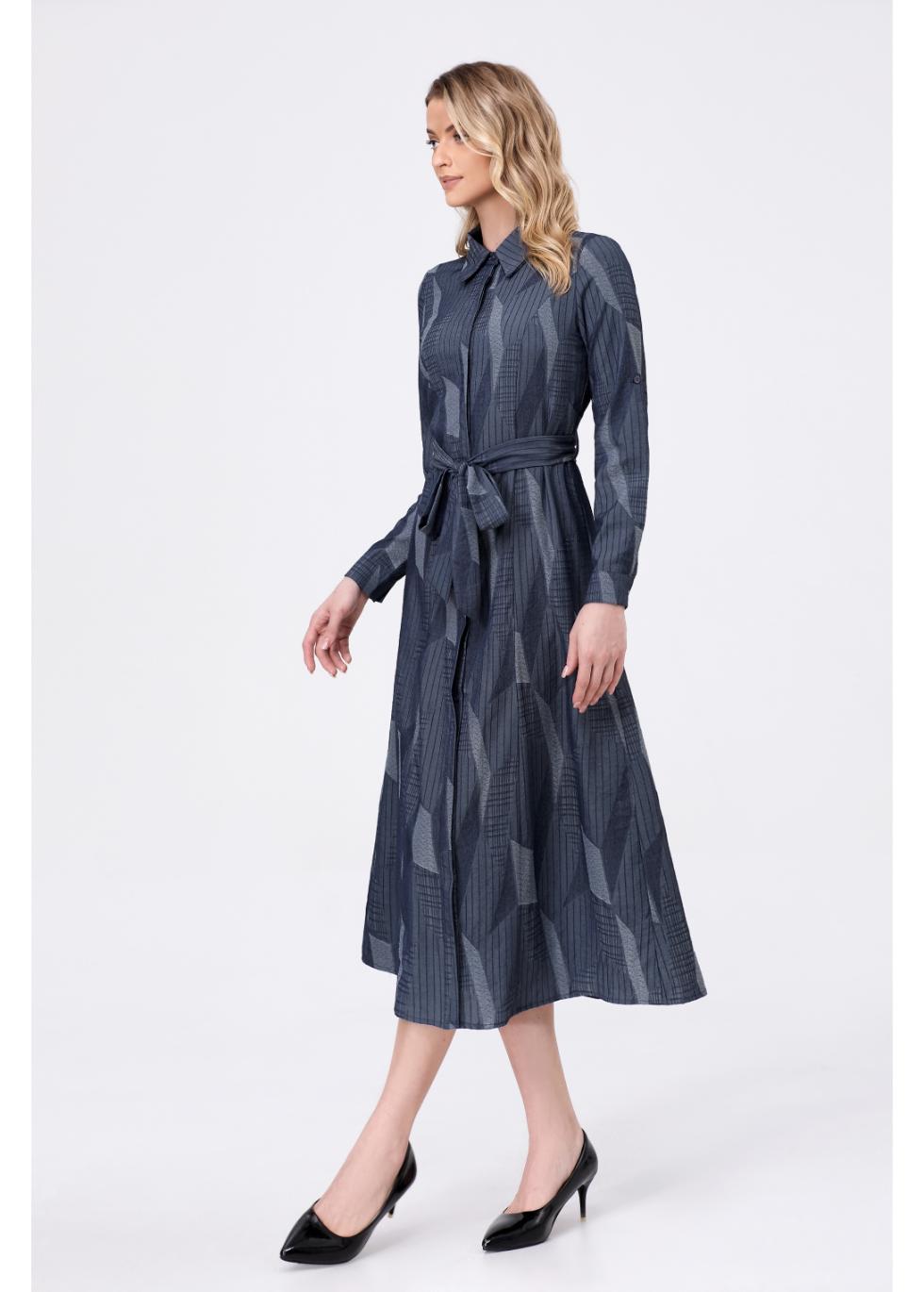 Navy Geometric Belted Dress - MissFinchNYC