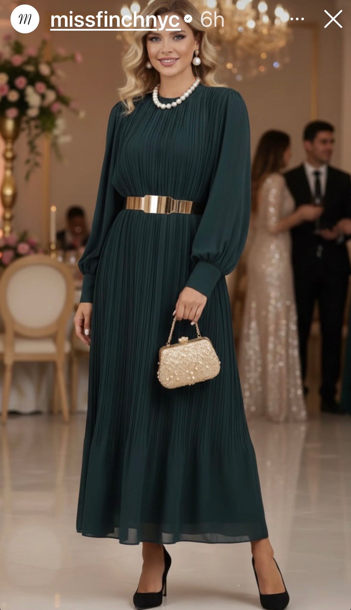 Emerald Green Pleated Poly-Chiffon Long Sleeve Maxi Dress (49.5