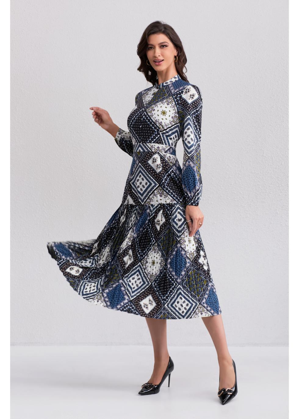 Vintage Diamond Print Midi Dress - MissFinchNYC
