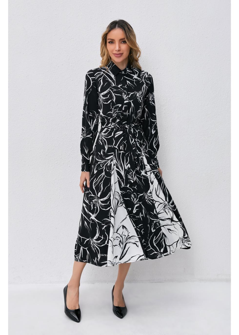 Monochrome Bloom Midi Dress - MissFinchNYC