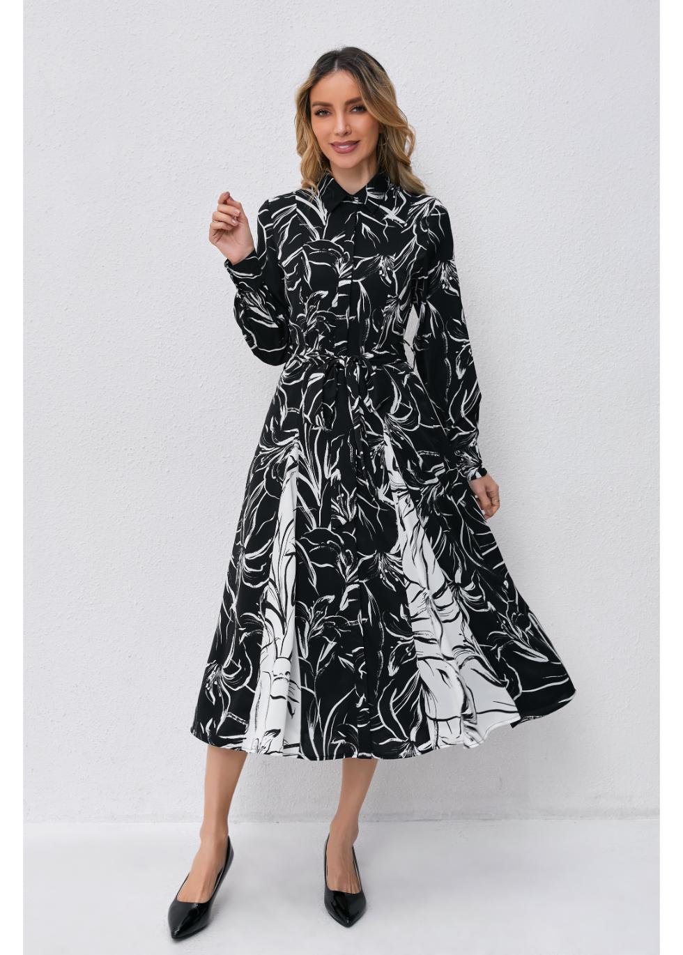 Monochrome Bloom Midi Dress - MissFinchNYC