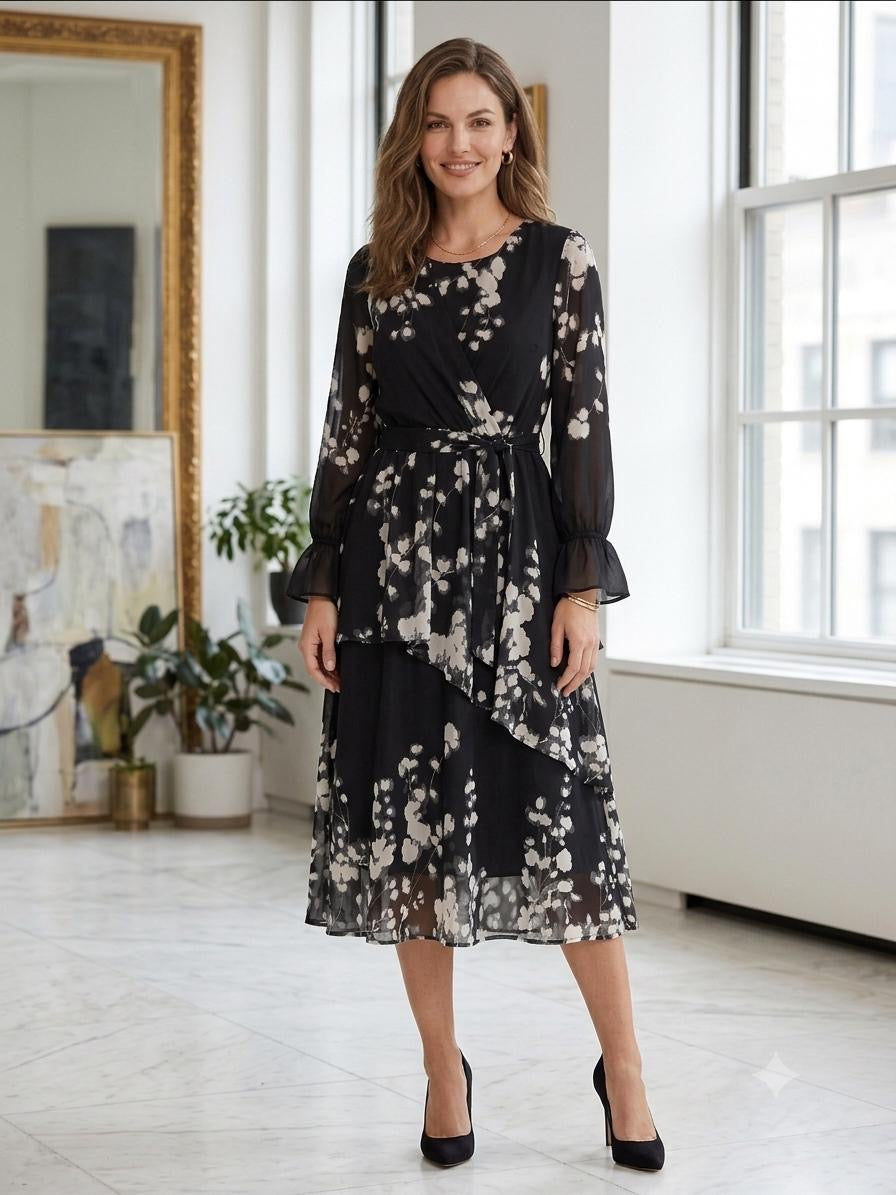 Modest Floral Poly Chiffon Lined Midi Dress – Black & White