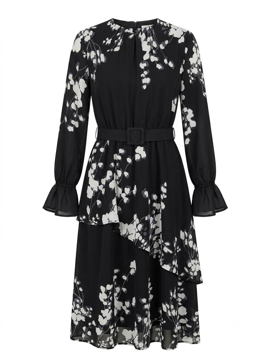 Modest Floral Poly Chiffon Lined Midi Dress – Black & White