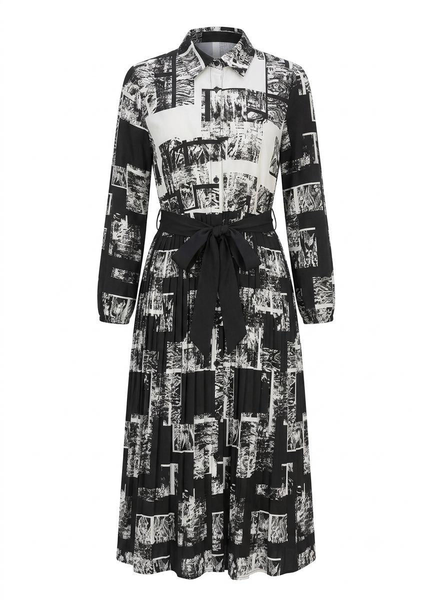 Modest Black & White Abstract Block Print Belted Midi Dress