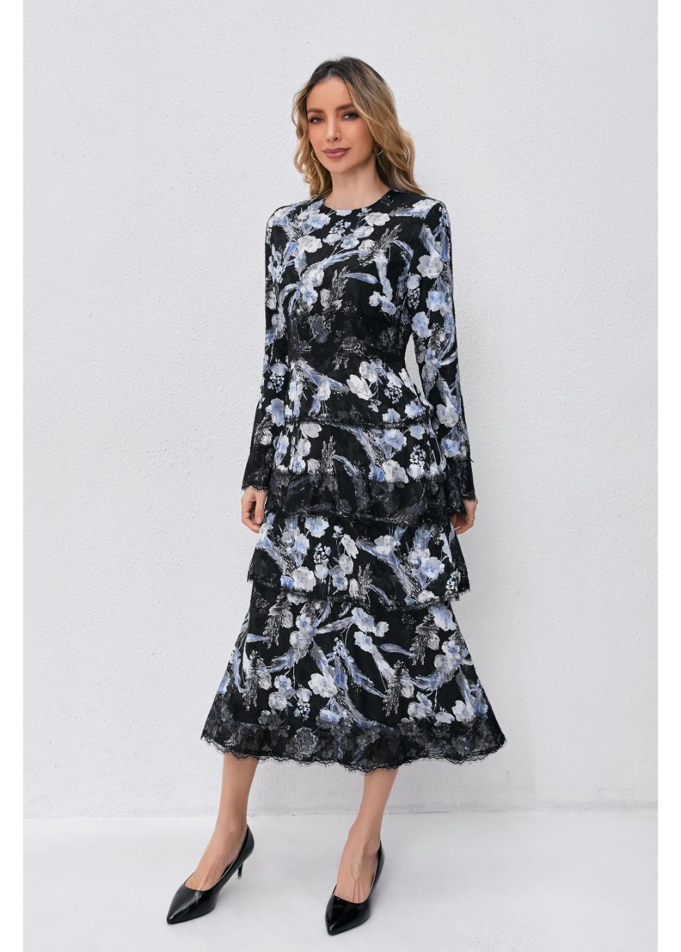 Noir Bloom Tiered Dress S