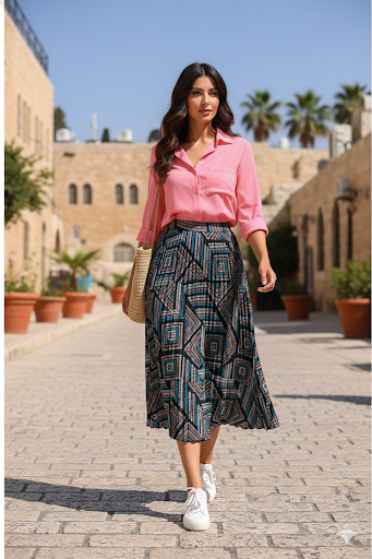 Modest Geometric Mosaic Pleated Midi Skirt – Black & Turquoise