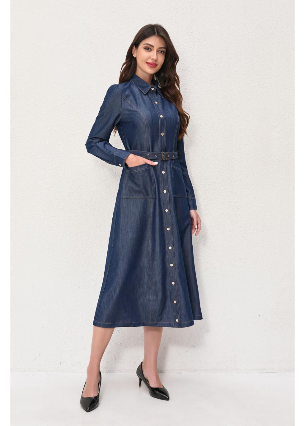 Denim Belted Midi Dress S Denim Belted Midi Dress S