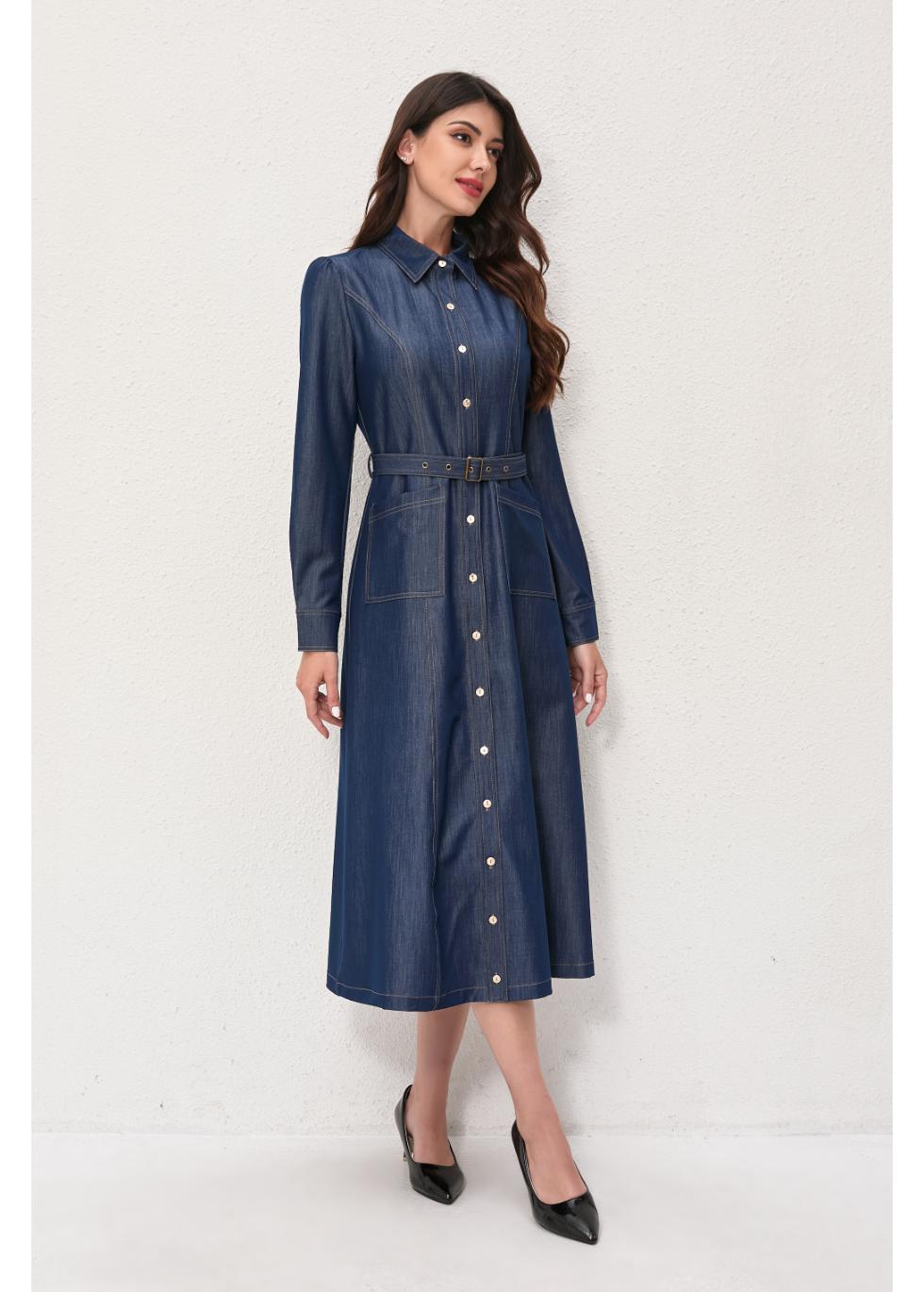 Denim Belted Midi Dress - MissFinchNYC