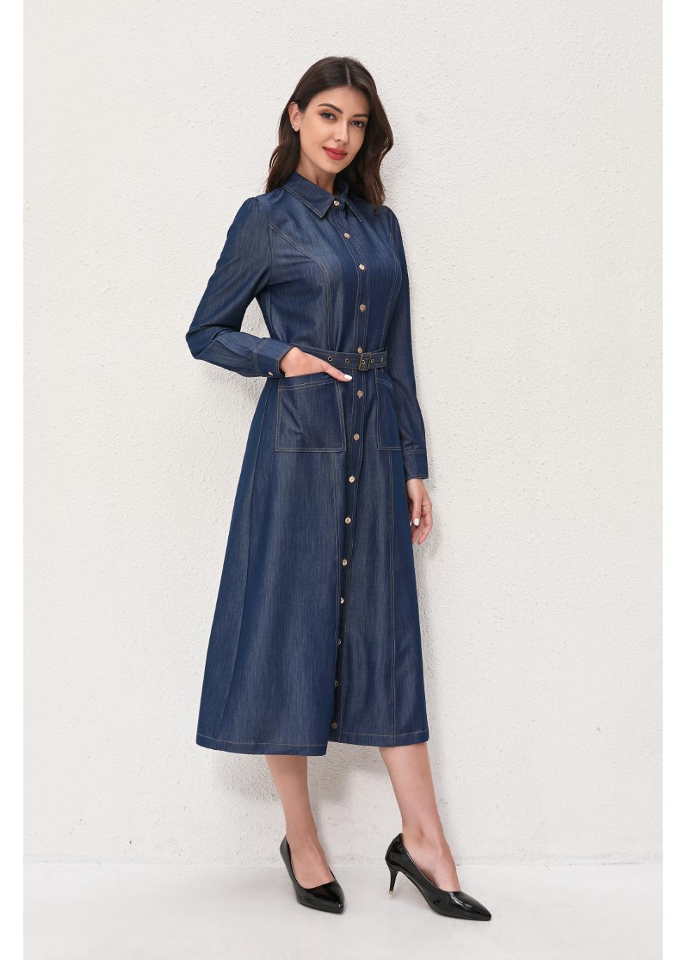 Denim Belted Midi Dress - MissFinchNYC