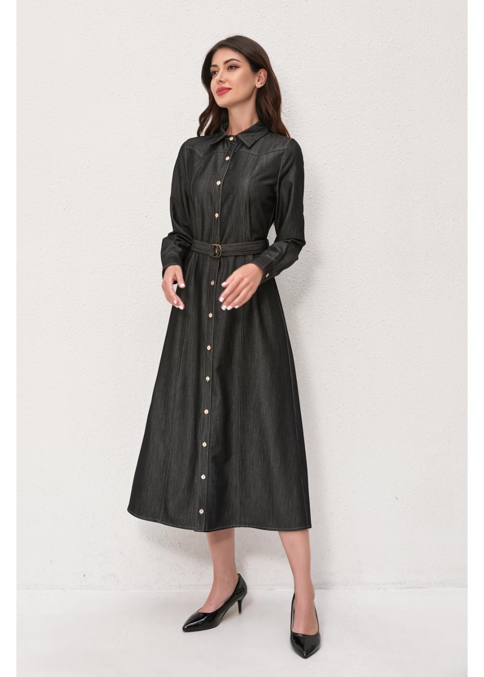 slim fit dress slacks Button Front Fitted Denim Midi Dress main image 0