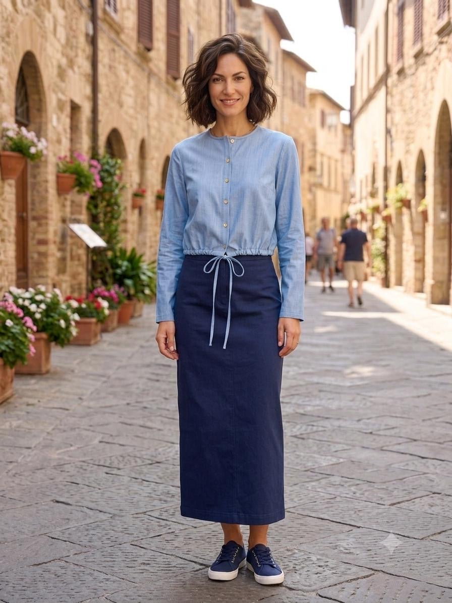Cropped Collarless Blue Denim Tie-Waist Jacket