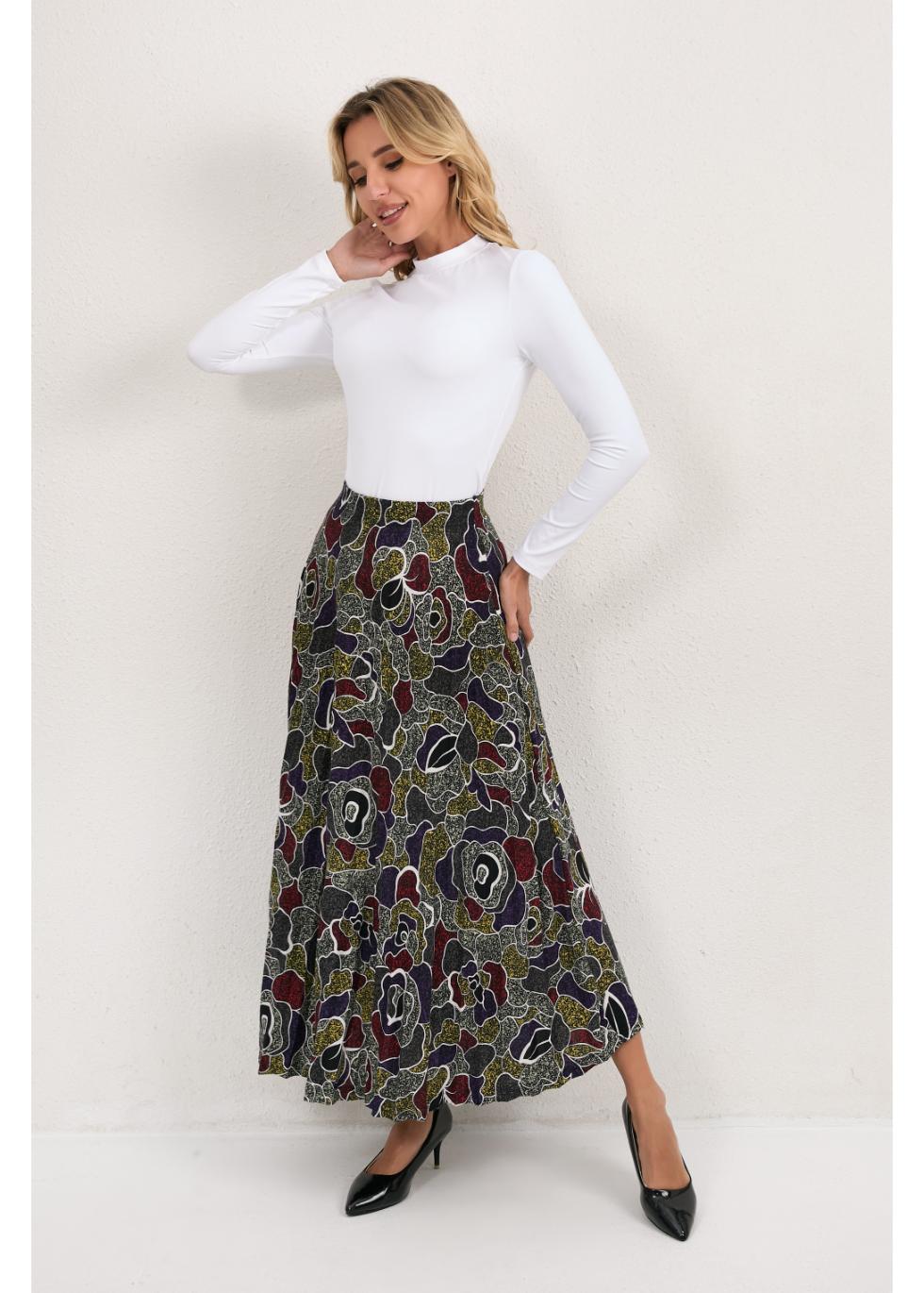 Gray Mystic Petal Midi Skirt by MissFinchNYC, flowing fabric with petal-inspired design, showcased on a model.