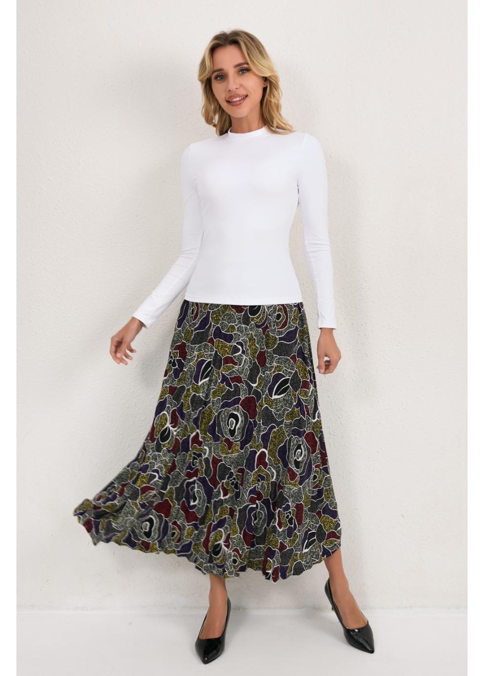 MissFinchNYC Mystic Petal Midi Skirt in gray fabric, flowing design with floral petal pattern, full length for elegant style.
