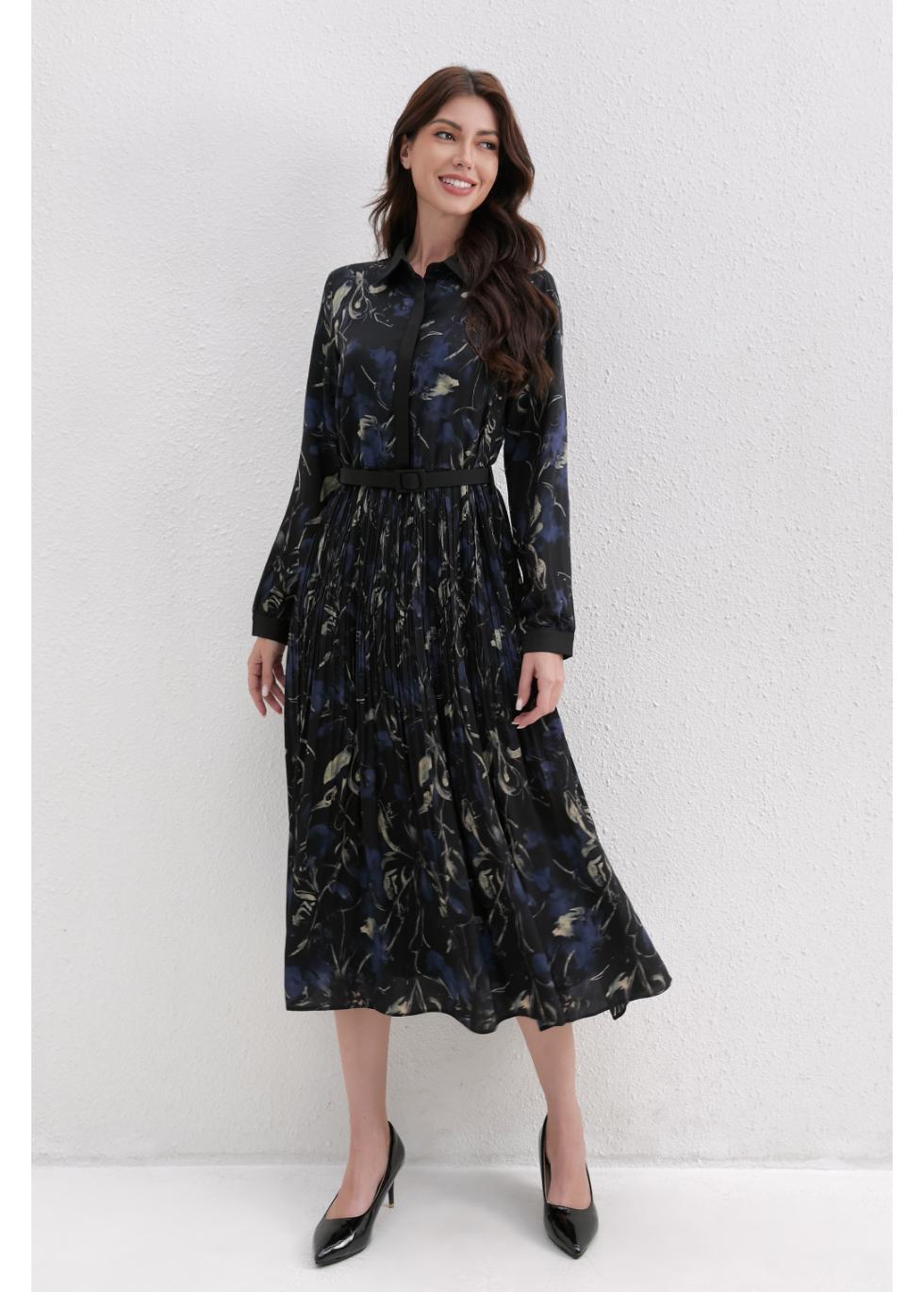 Midnight Petal Pleated Midi Dress - MissFinchNYC