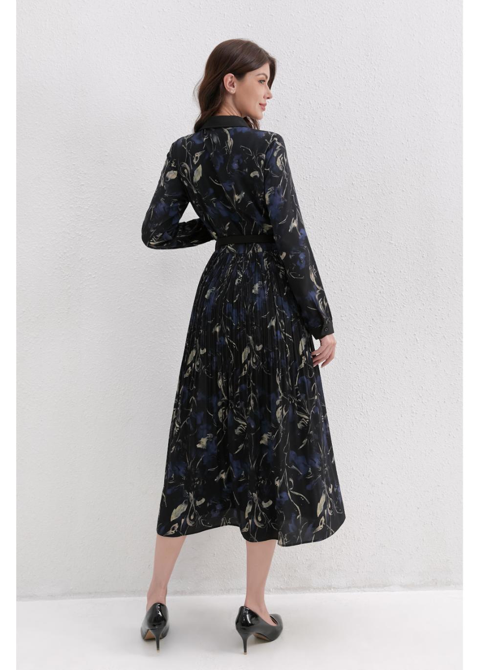 Midnight Petal Pleated Midi Dress - MissFinchNYC