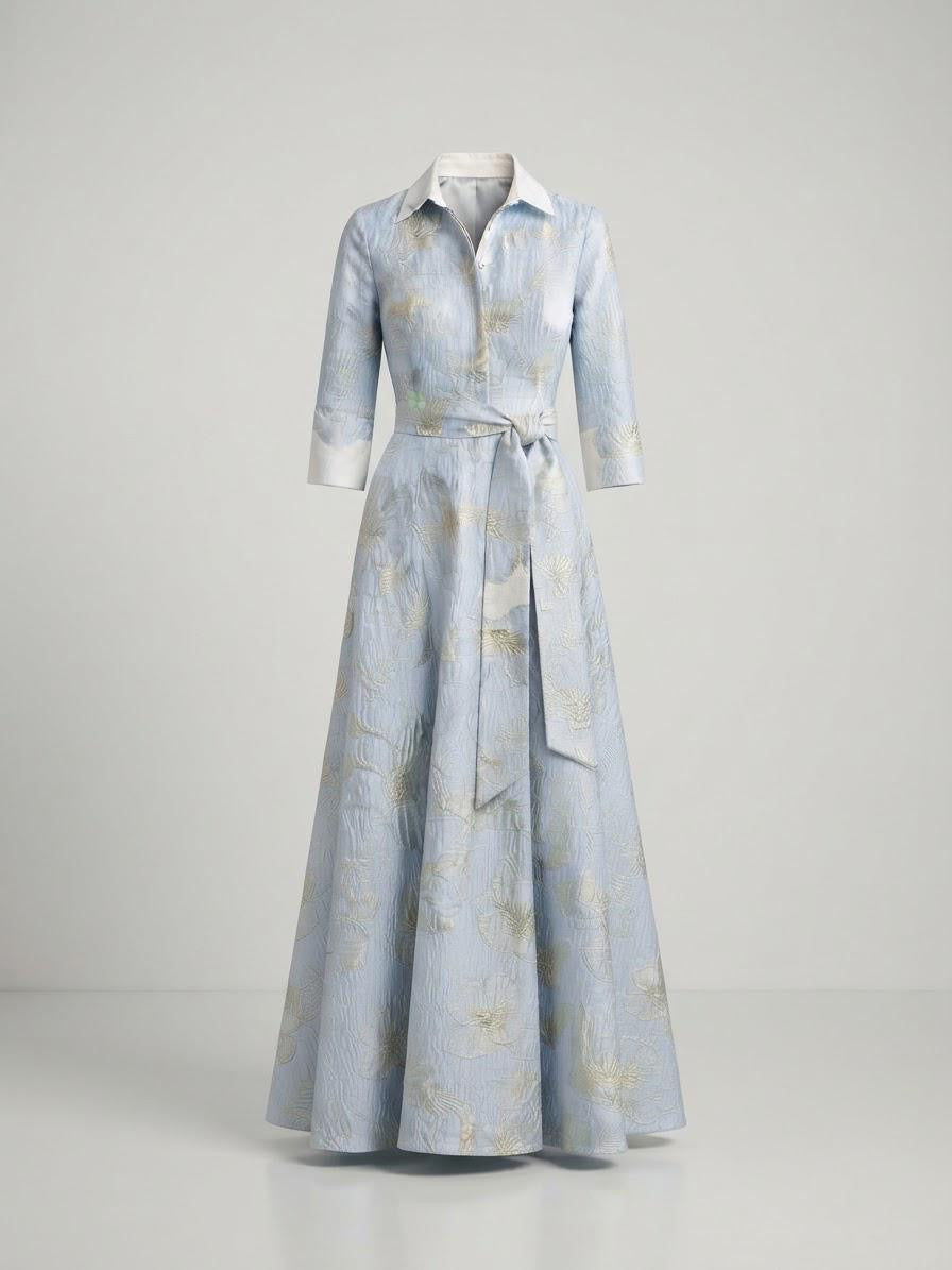 Sky Blue Botanical Jacquard Maxi Shirt Dress