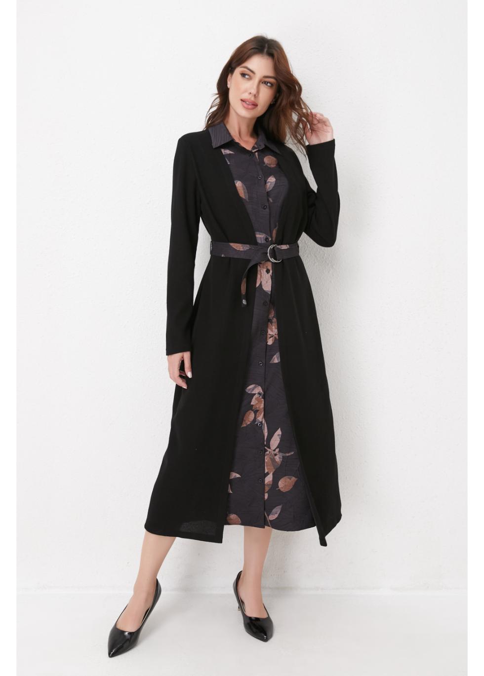 Black Layered Midi Belted Dress XL