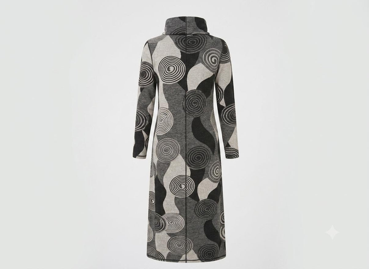 Miss Finch NYC Abstract Swirl Print Cowl Neck Long Sleeve Maxi Dress in Black & Grey