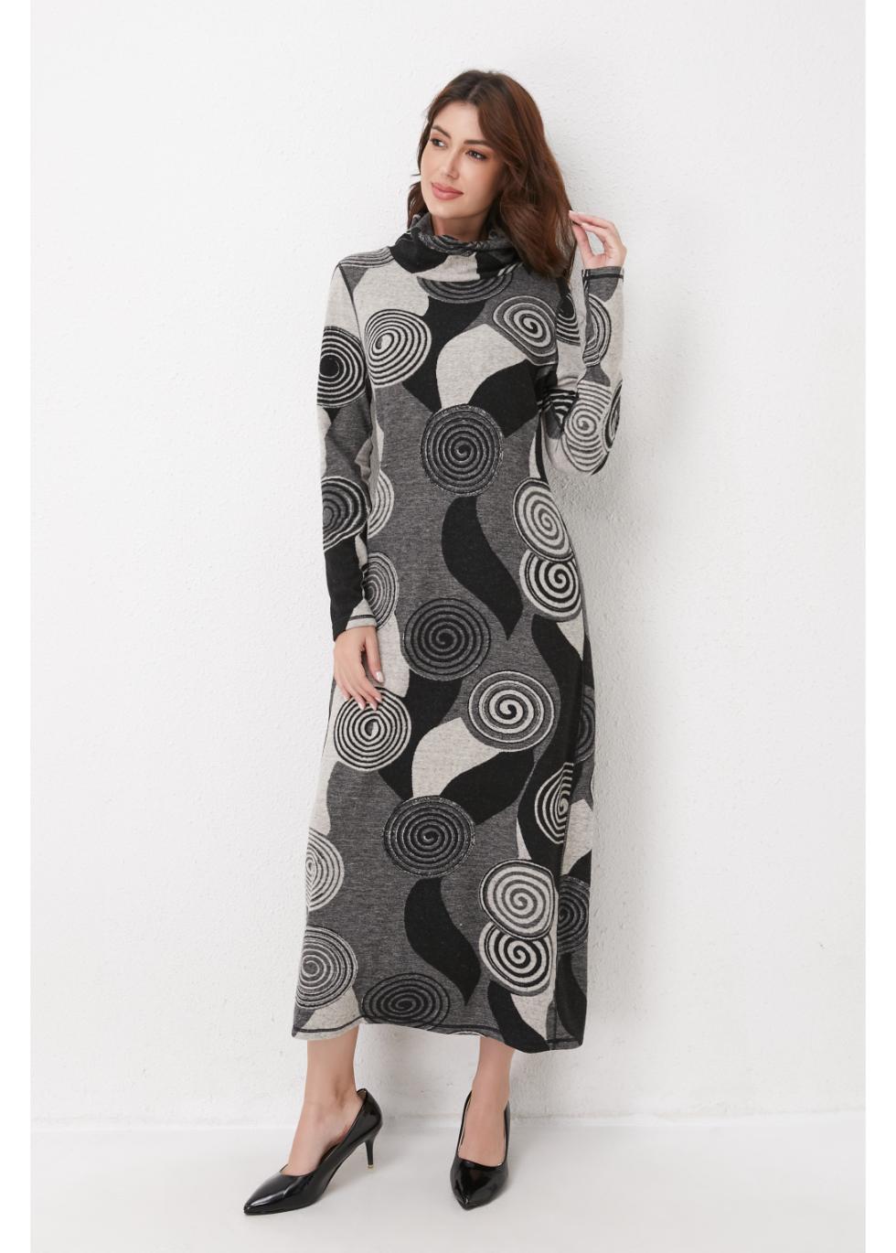 chinese dress ladies Brown Long Sleeve Turtle Neck Knit Midi Dress main image 0