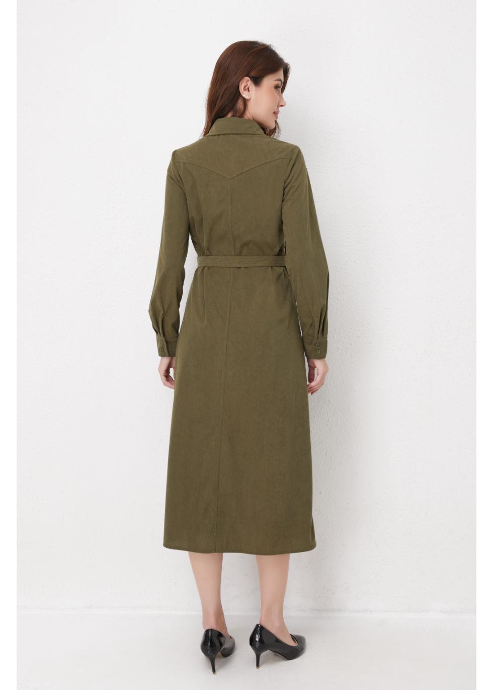 Olive Corduroy Belted Shirt Dress