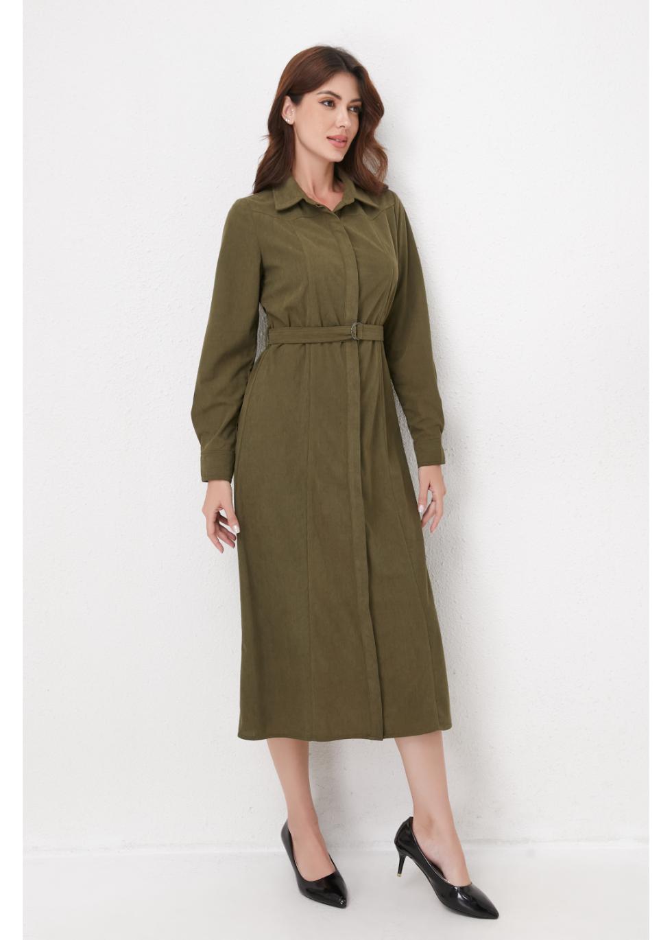 Olive Corduroy Belted Shirt Dress