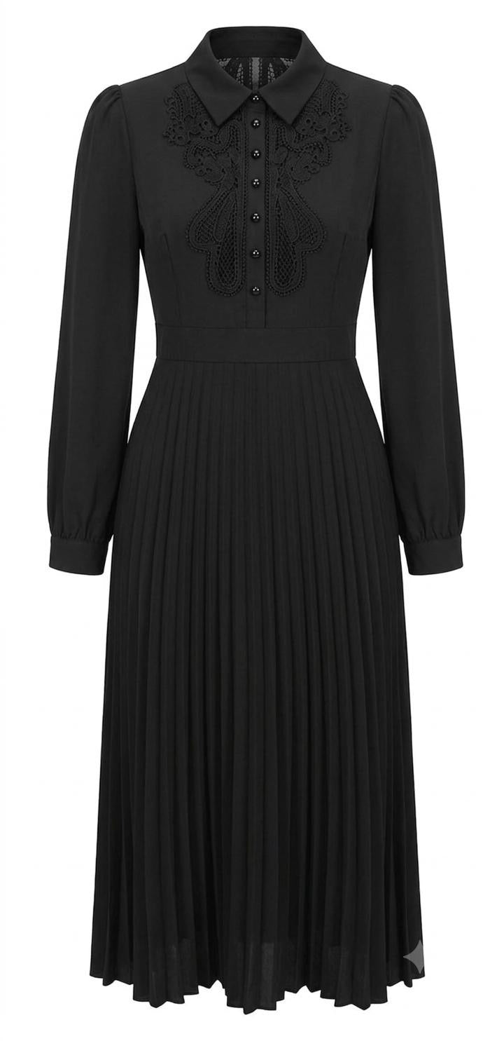 Noir Embroidered Lace Pleated Midi Dress | Miss Finch NYC