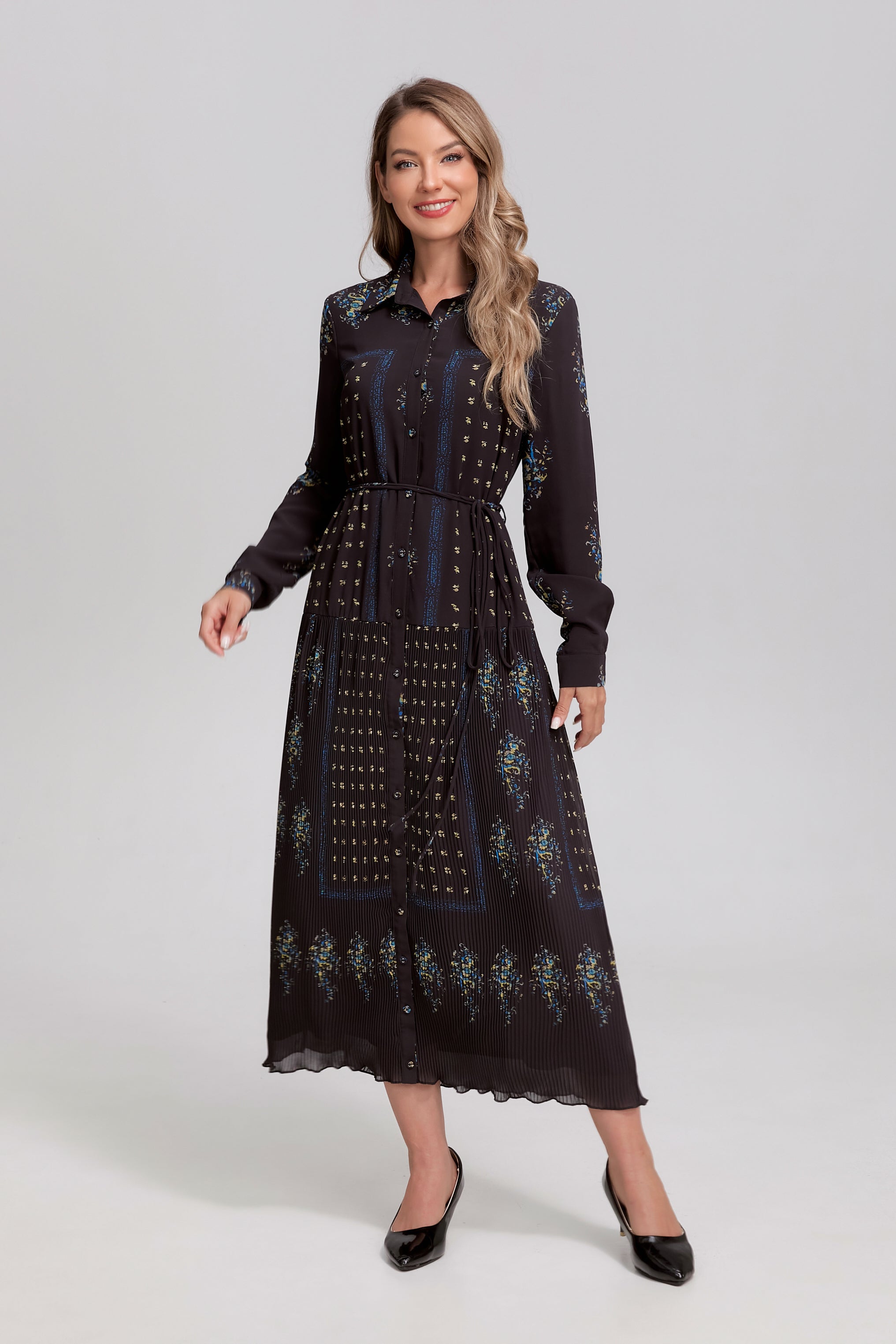 Black and blue Noir Mosaic button-front midi dress by MissFinchNYC, featuring a fitted silhouette and stylish mosaic pattern.