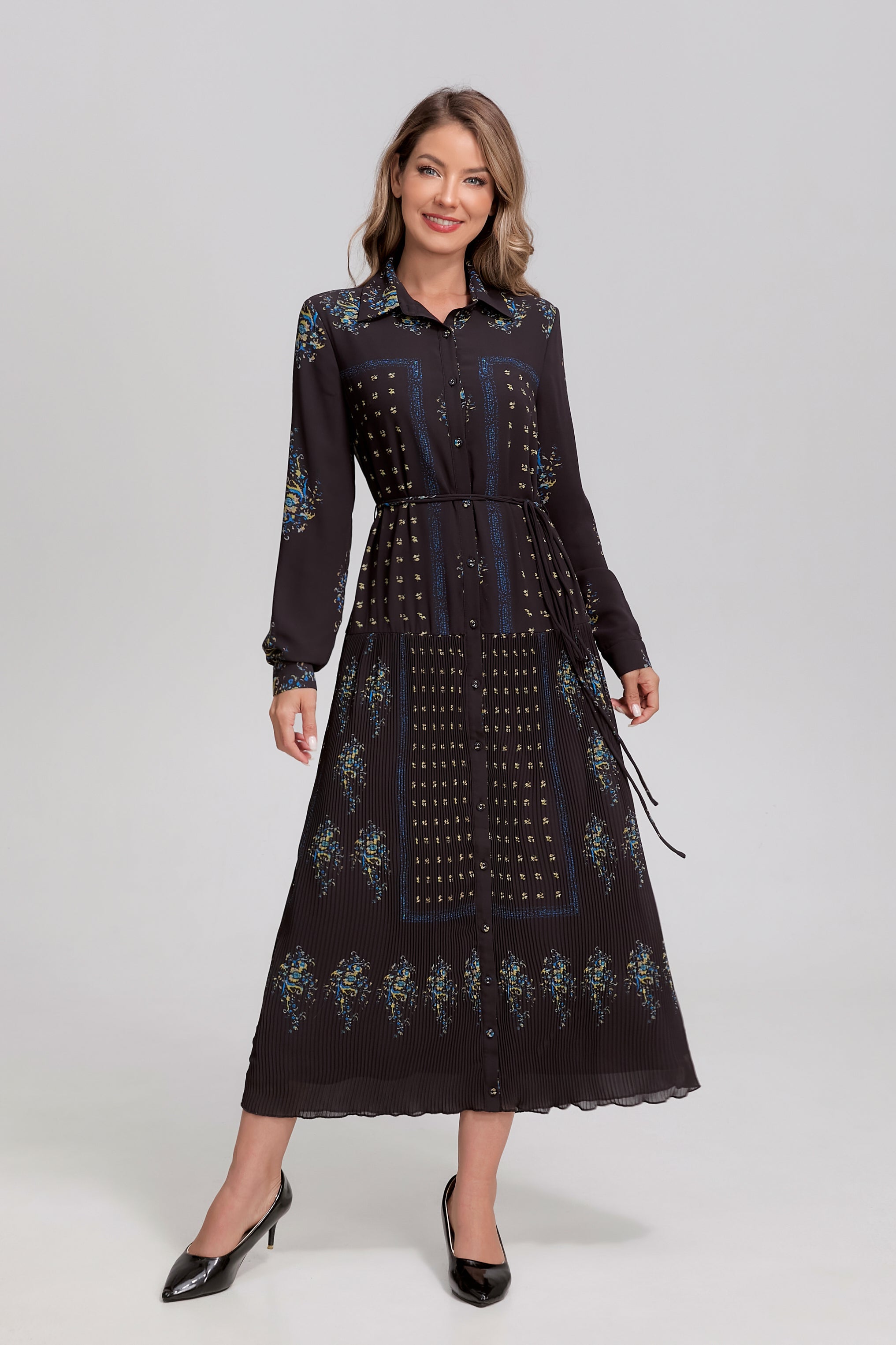 Black and blue Noir Mosaic Button-Front Midi Dress by MissFinchNYC, featuring a fitted silhouette and stylish button details.