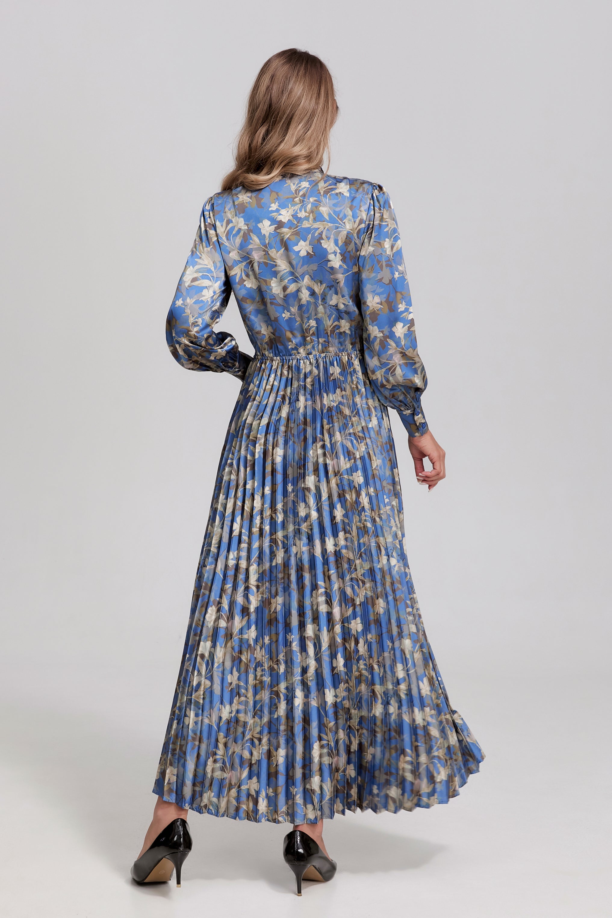 Sapphire Vine Pleated Midi Dress