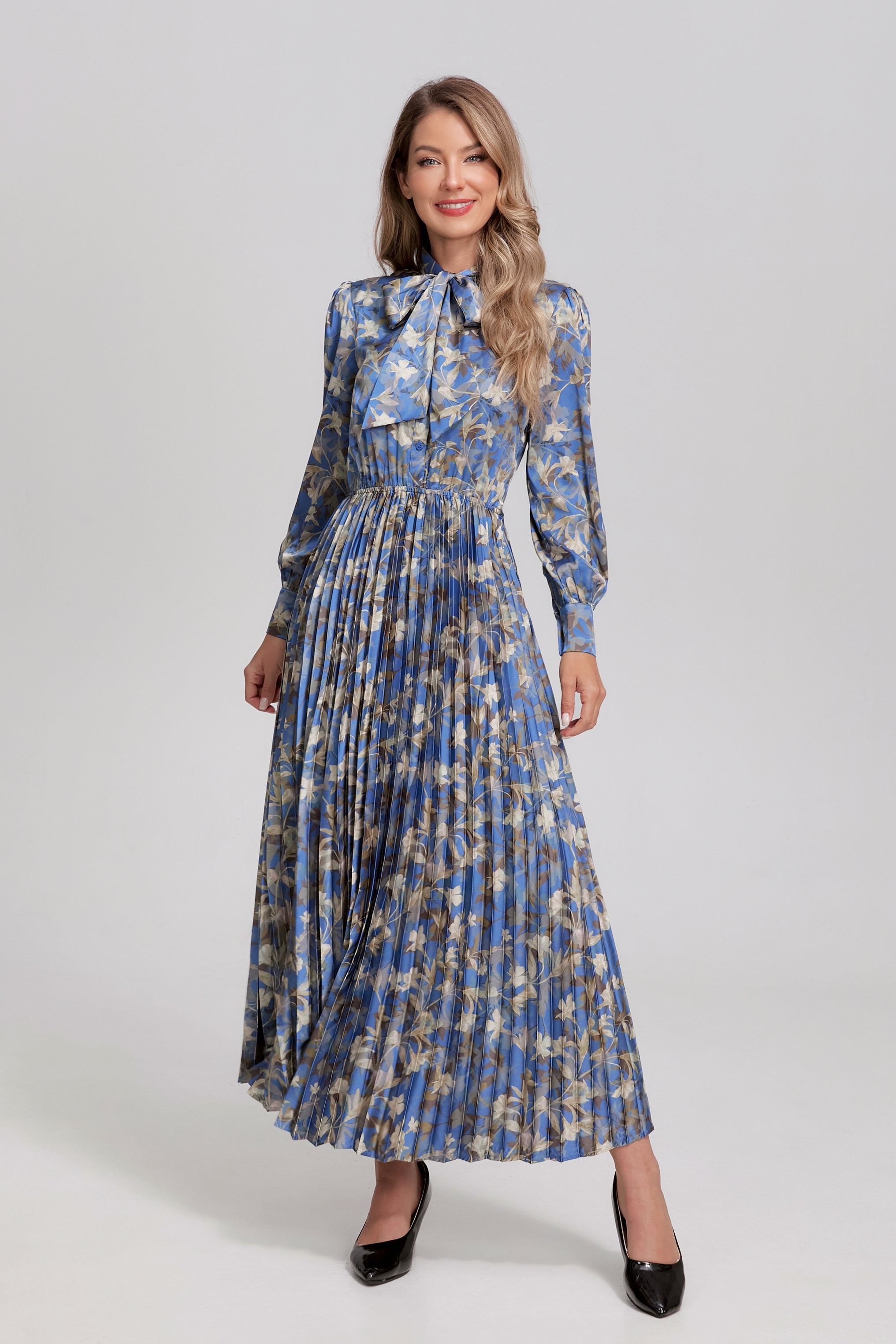 Sapphire Vine Pleated Midi Dress