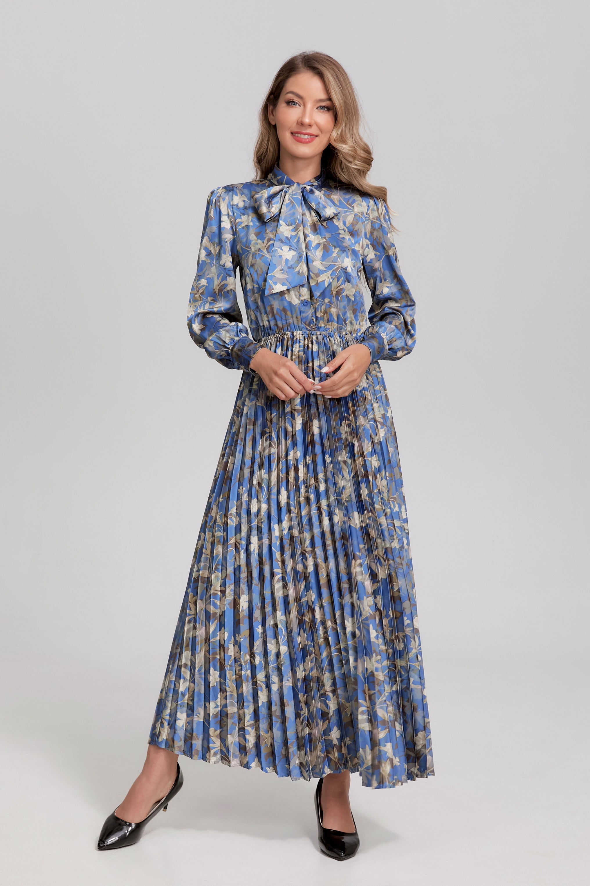 Sapphire Vine Pleated Midi Dress