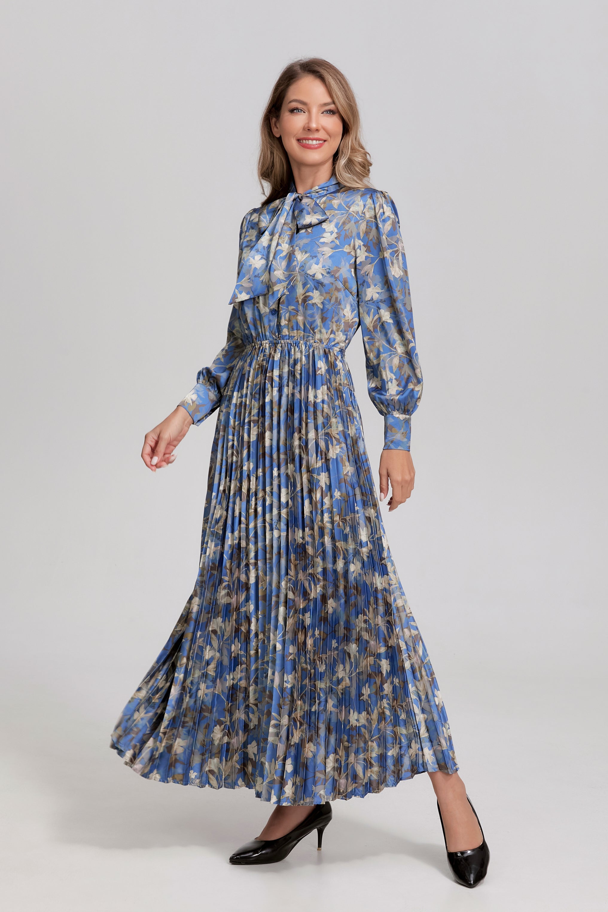 Sapphire Vine Pleated Midi Dress