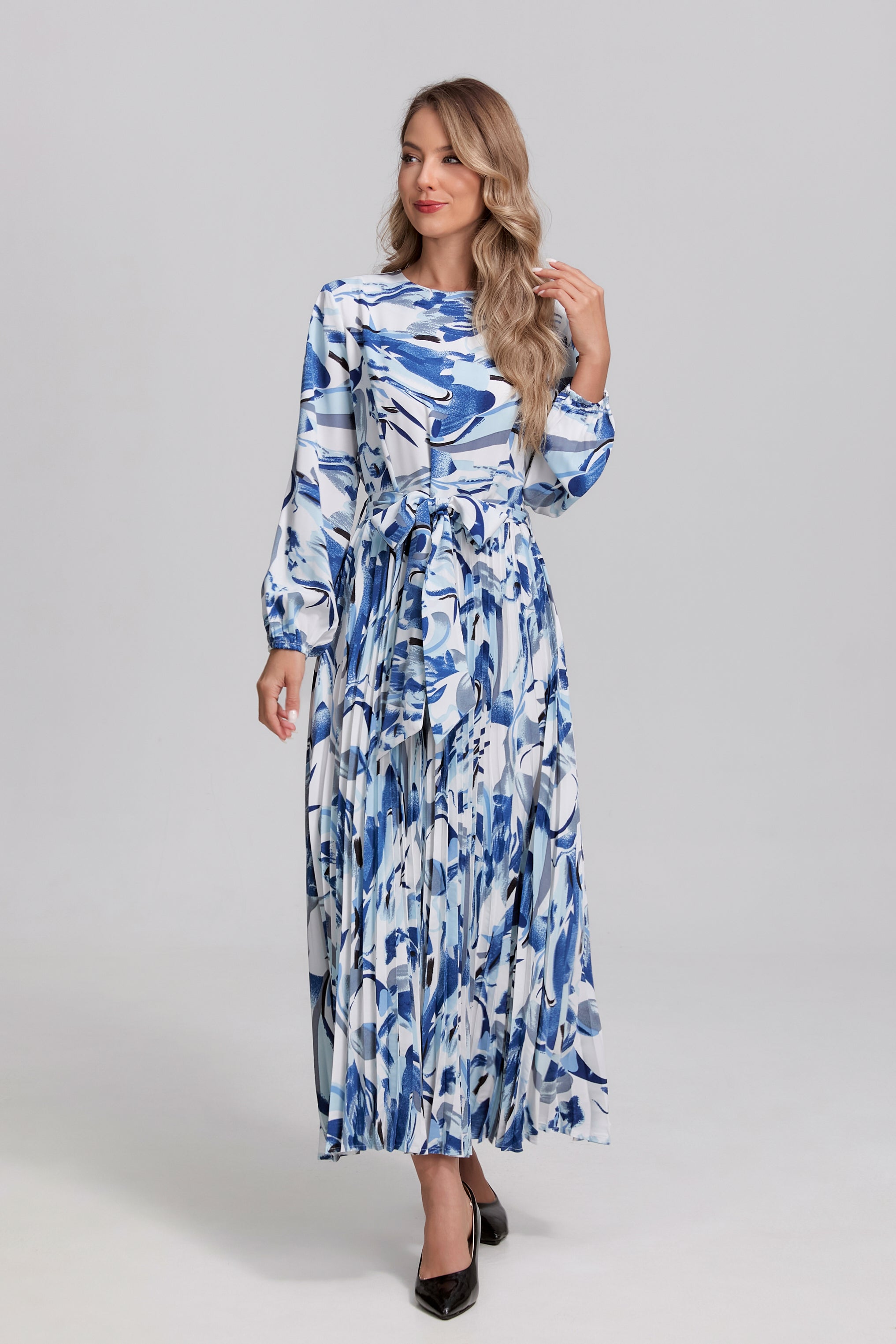 Porcelain Wave Pleated Midi Dress
