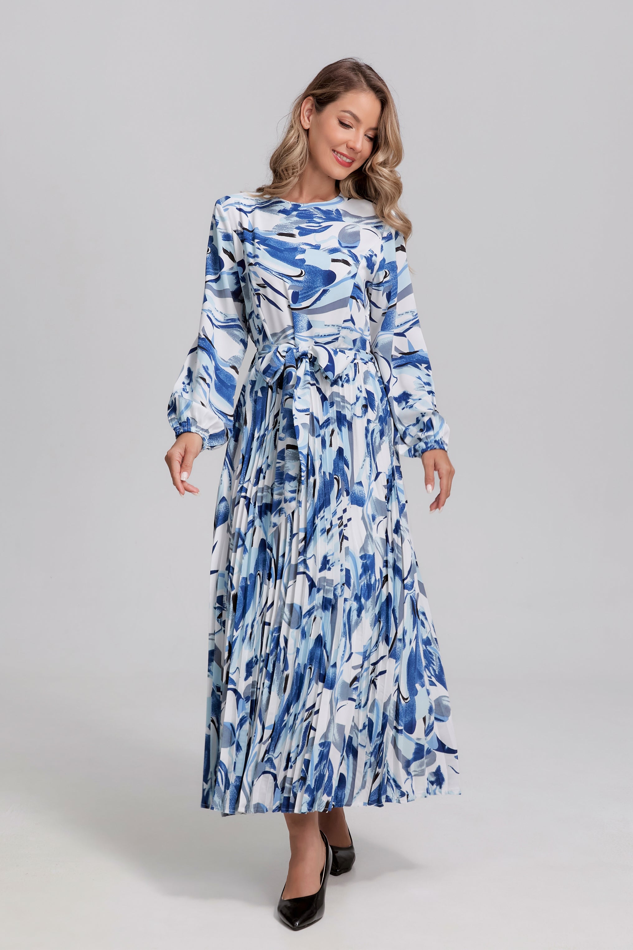 Porcelain Wave Pleated Midi Dress