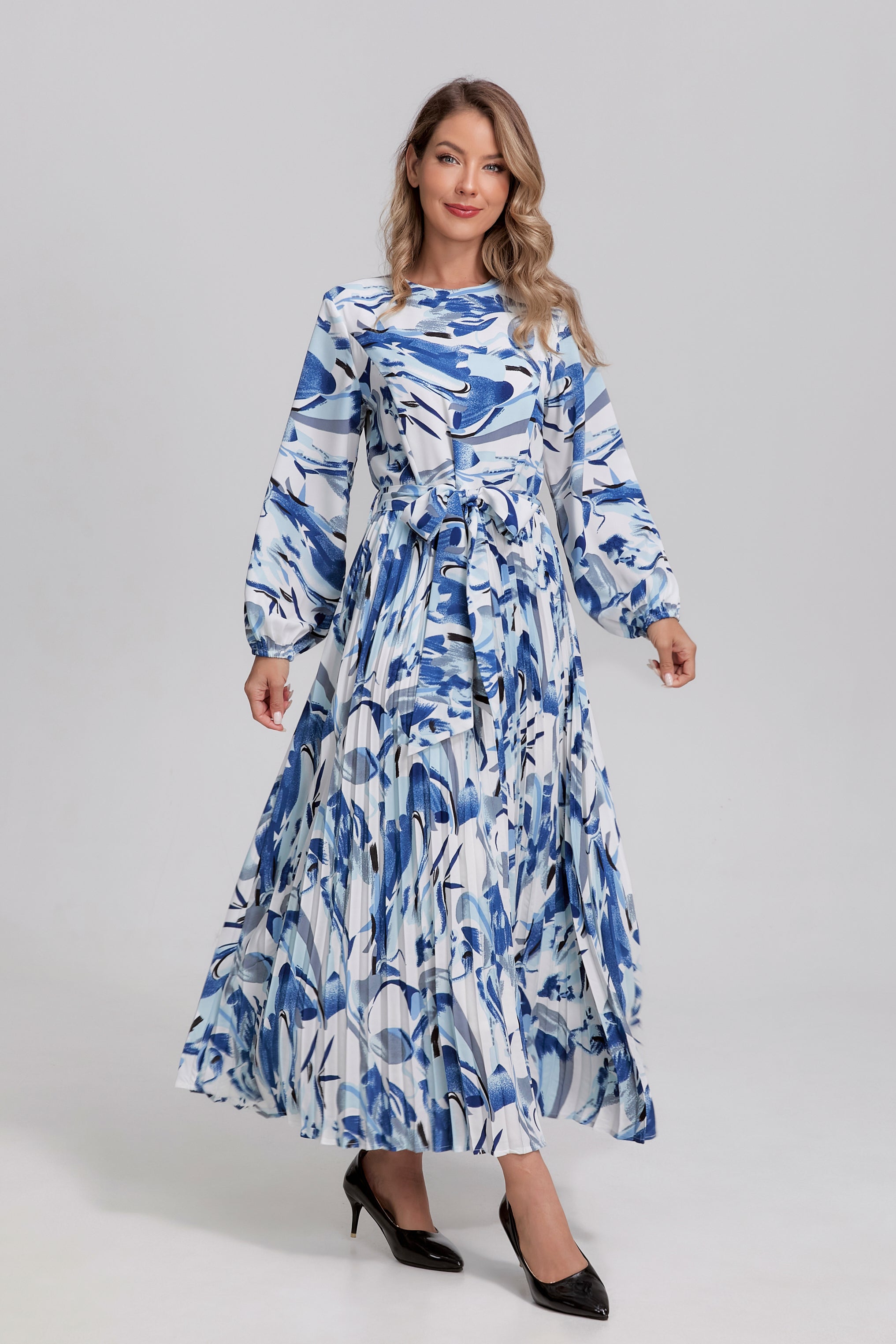 Porcelain Wave Pleated Midi Dress