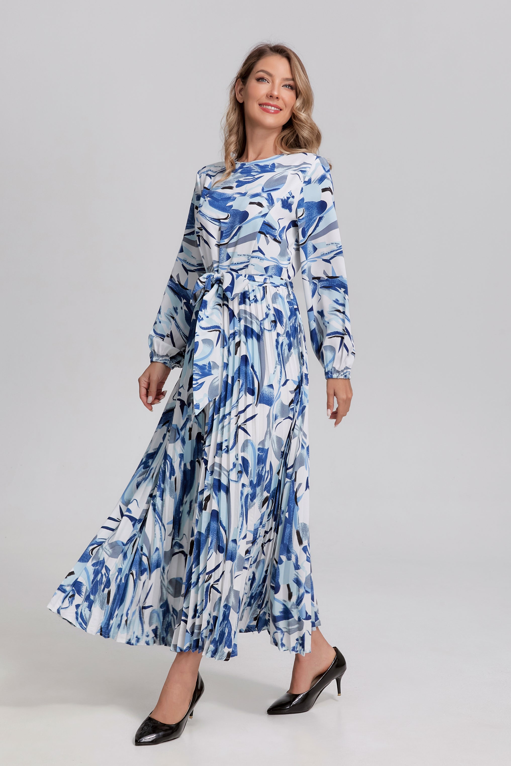 Porcelain Wave Pleated Midi Dress