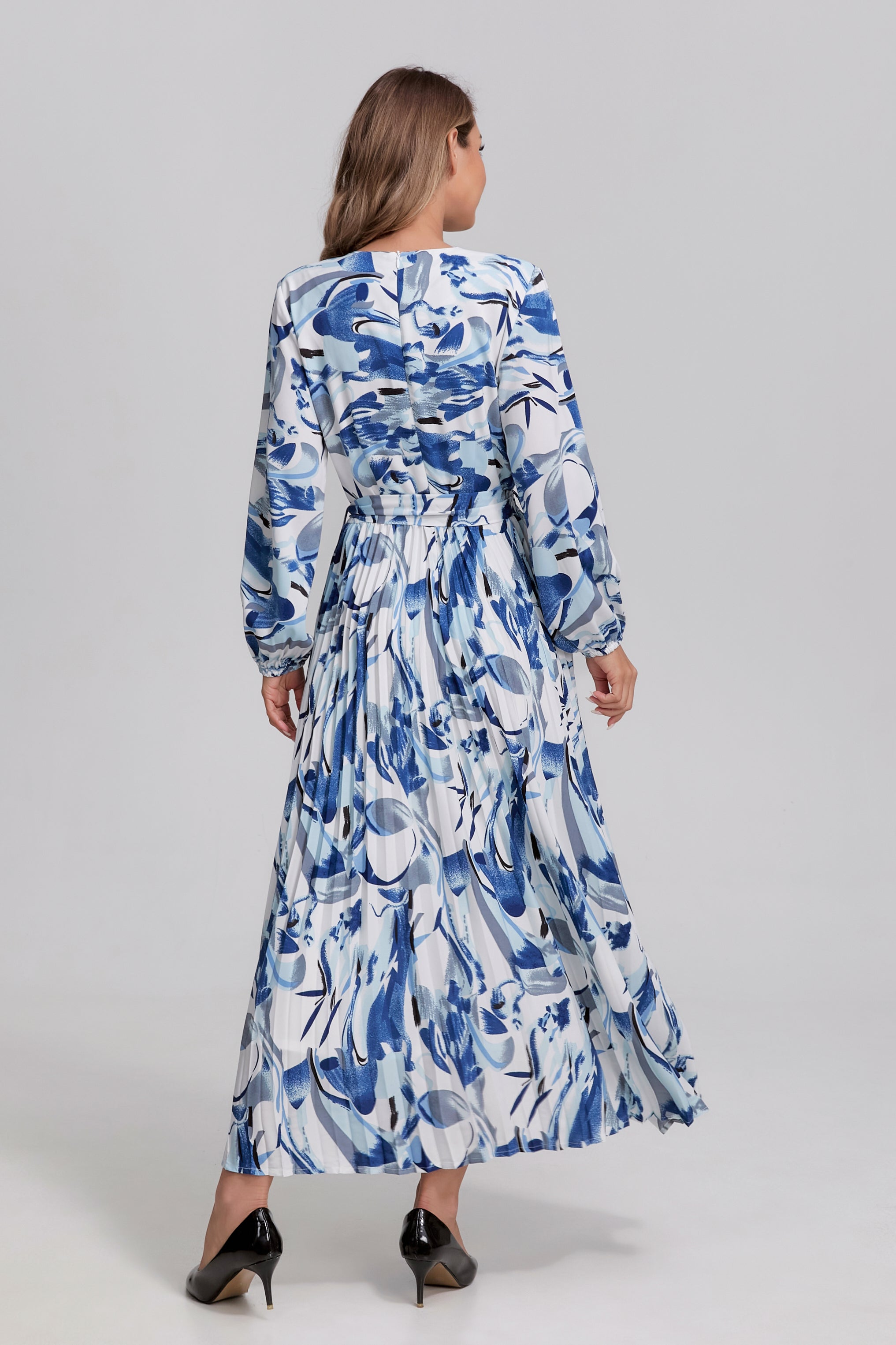 Porcelain Wave Pleated Midi Dress