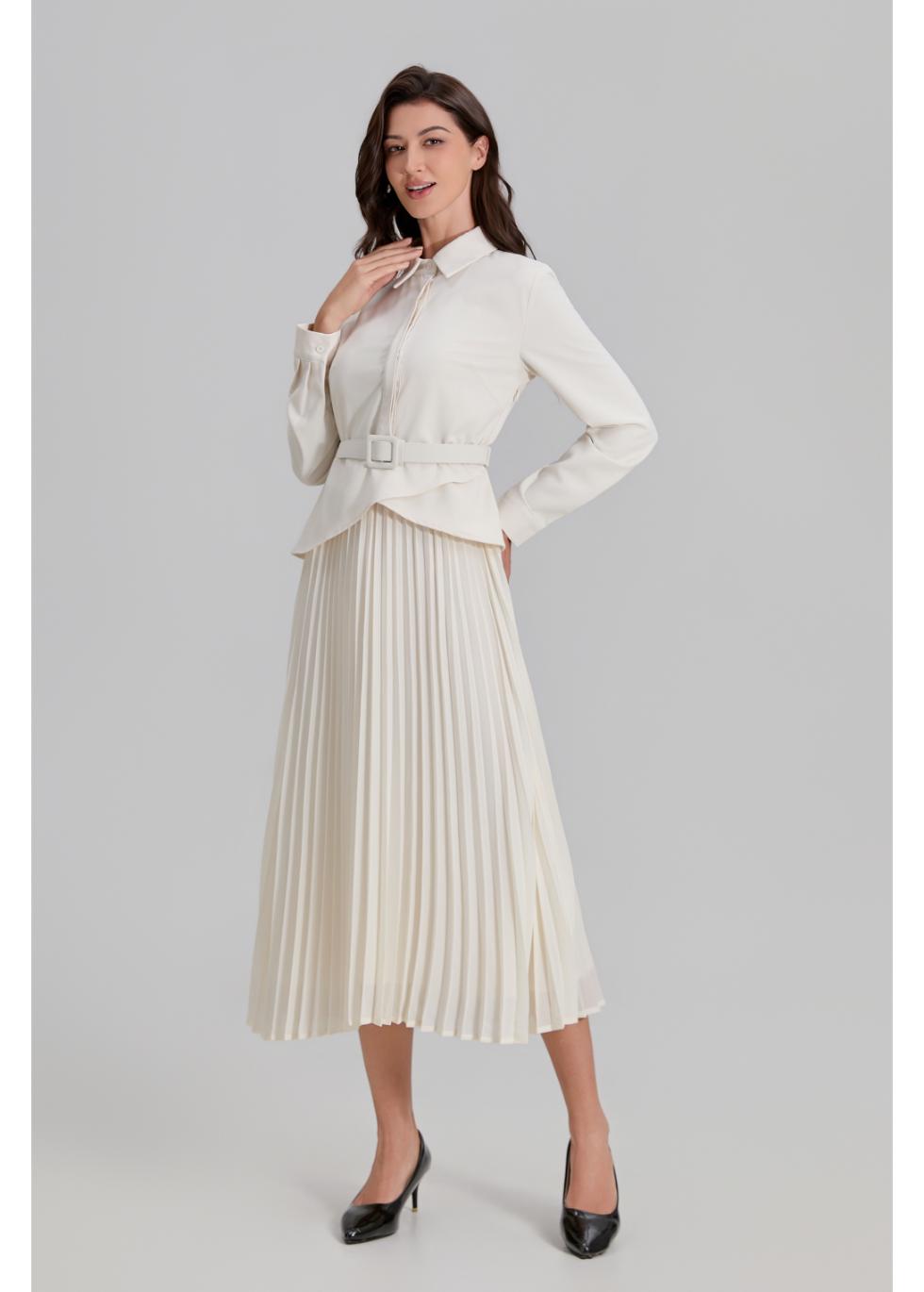 Ivory Paris Pleated Midi Dress - MissFinchNYC