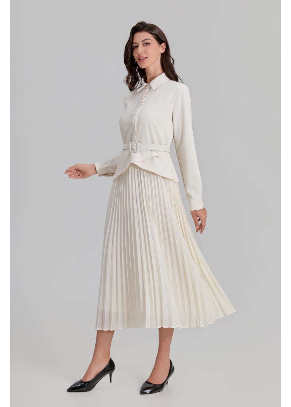 Ivory Paris Pleated Midi Dress - MissFinchNYC