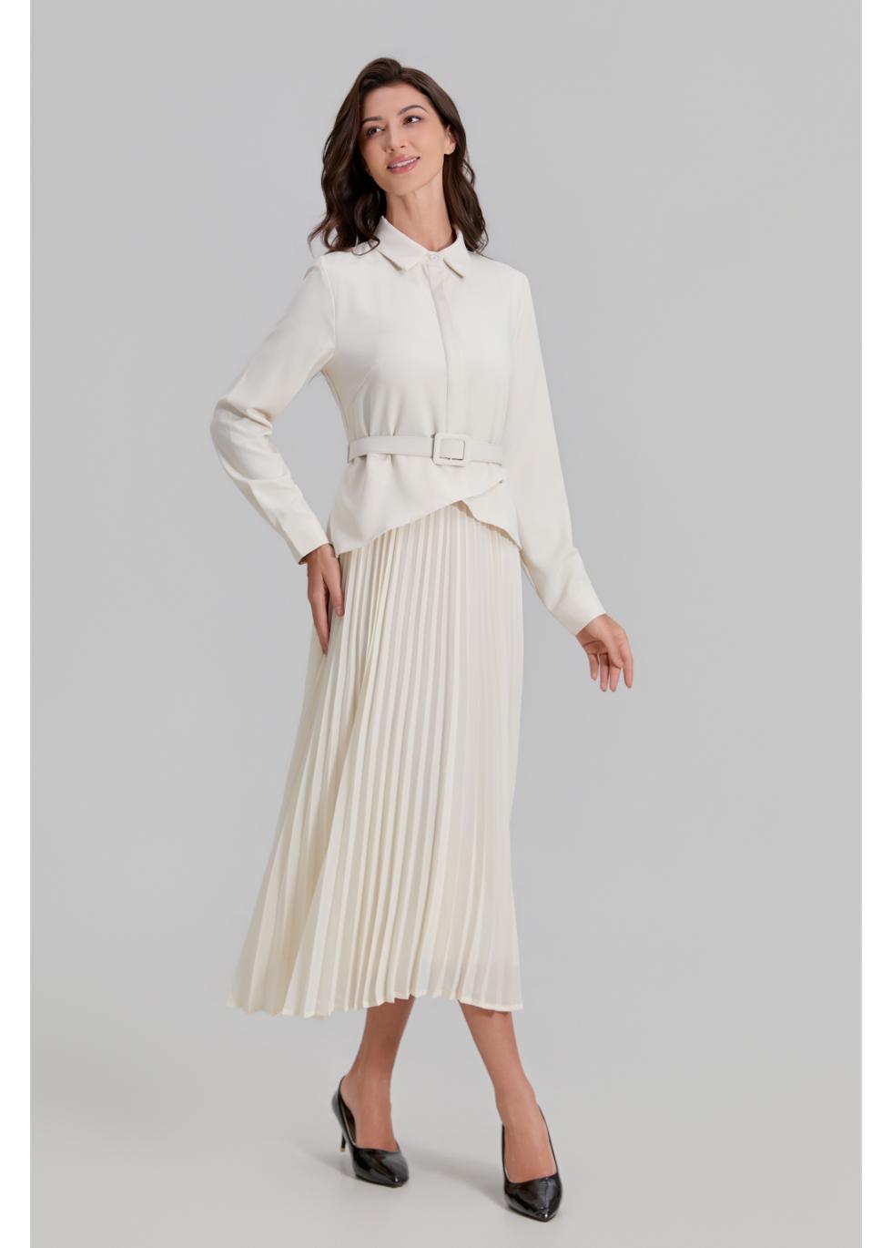 Ivory Paris Pleated Midi Dress - MissFinchNYC