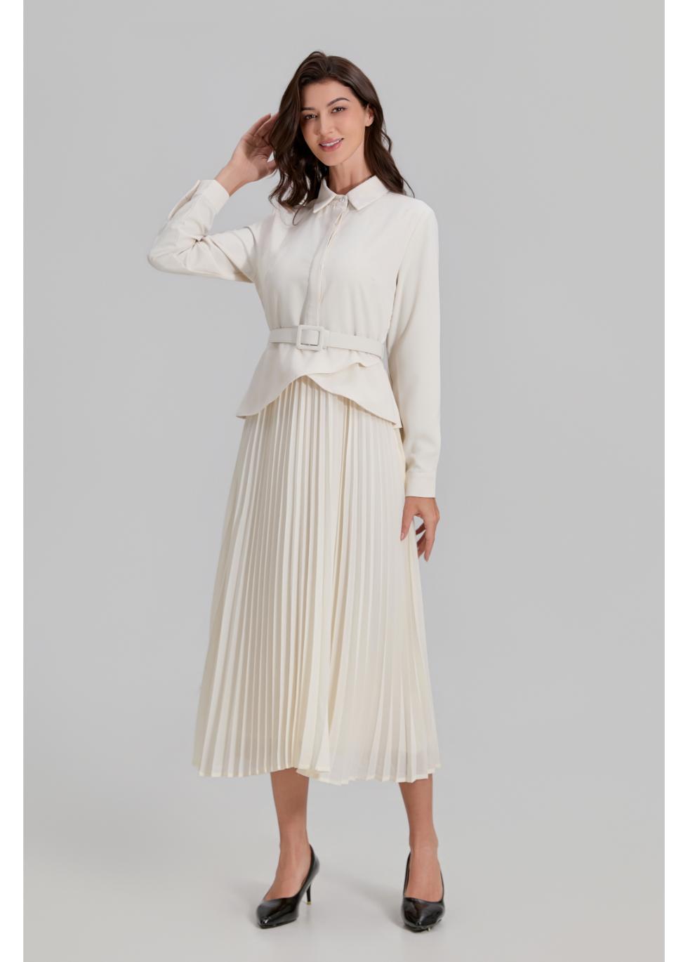 Ivory Paris pleated midi dress by MissFinchNYC, flowing fabric, high waist, and elegant pleats perfect for formal occasions.