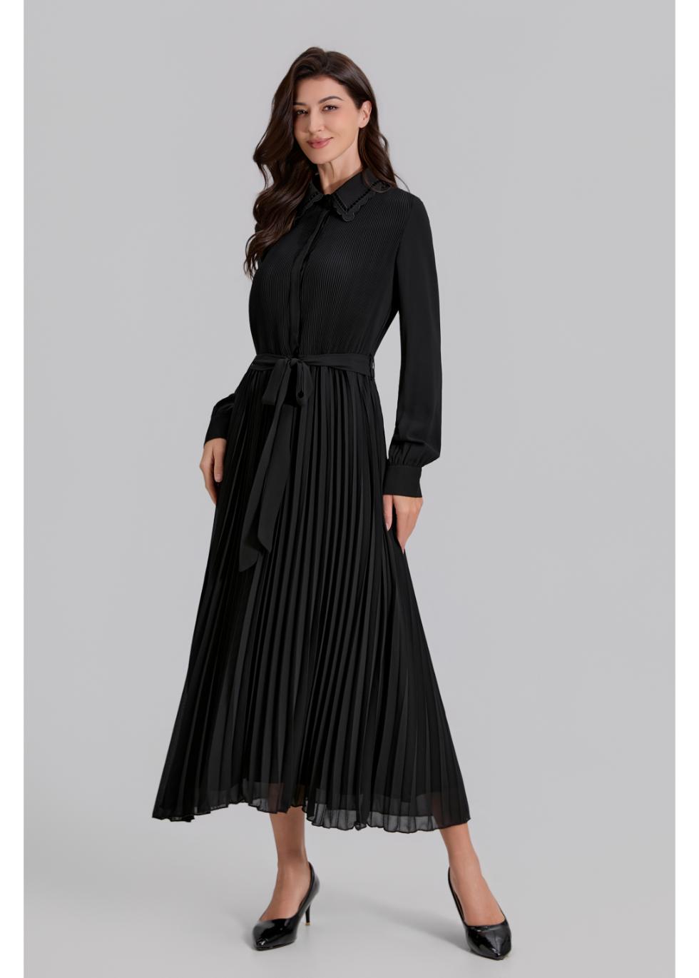Midnight Elegance Pleated Midi Dress - MissFinchNYC