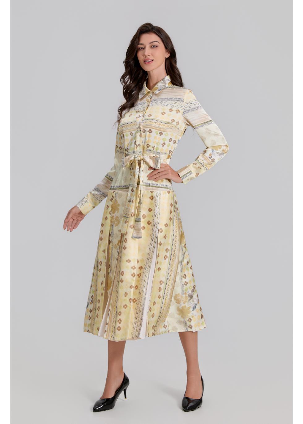 Golden Meadow Pleated Midi Dress - MissFinchNYC