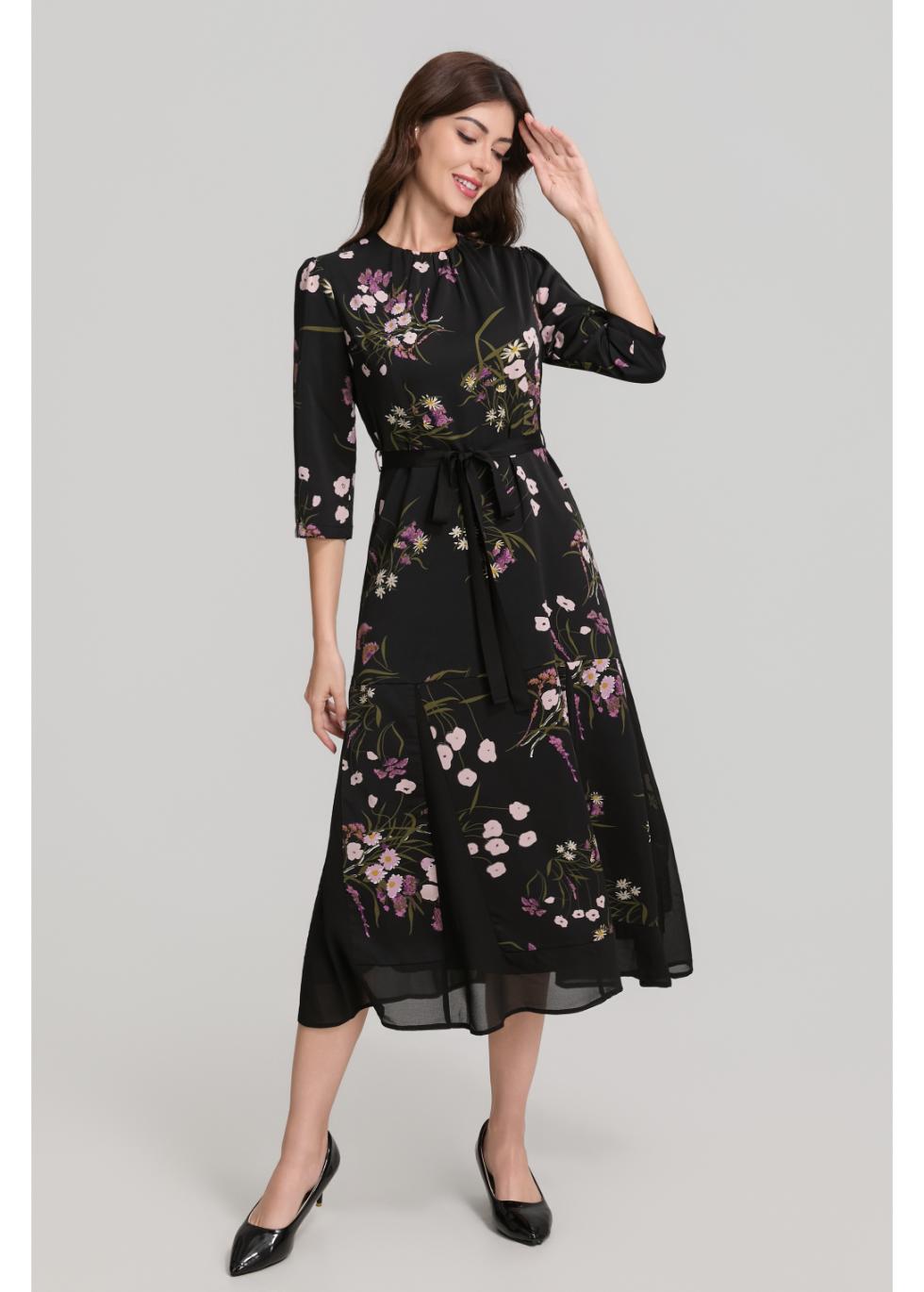 Floral Print 3/4 Sleeve Midi Dress with Sash Belt