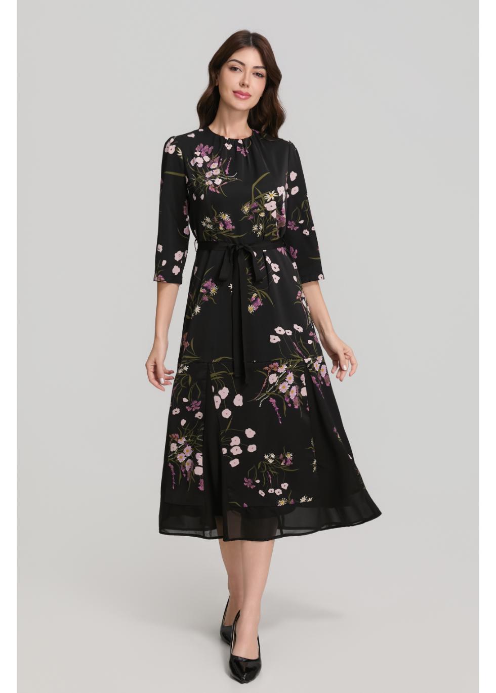 Floral Print 3/4 Sleeve Midi Dress with Sash Belt