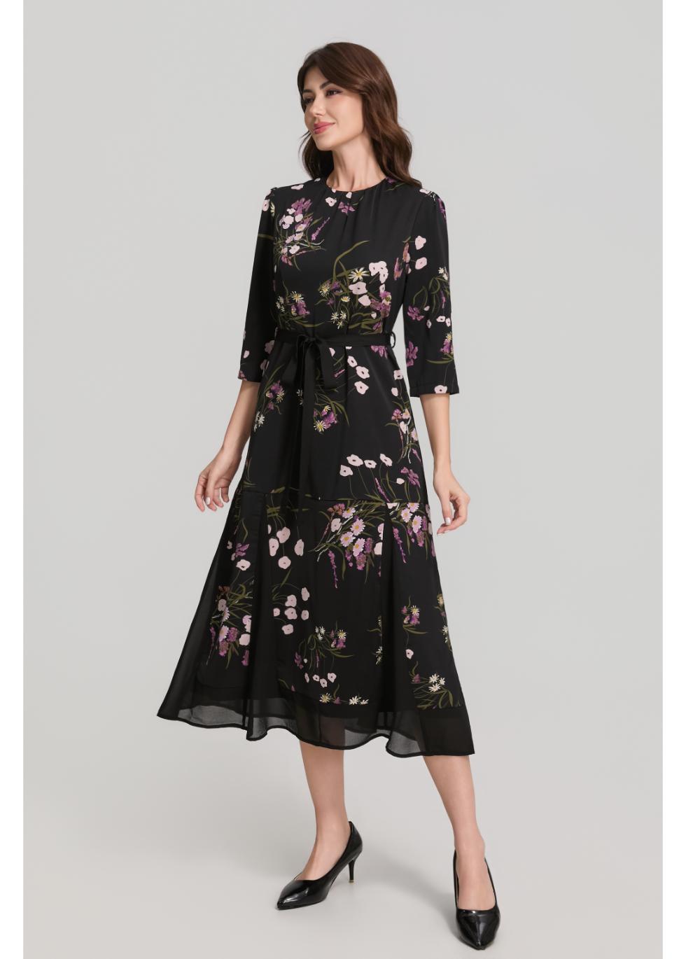 Floral Print 3/4 Sleeve Midi Dress with Sash Belt