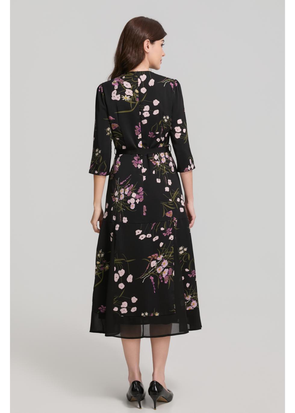 Floral Print 3/4 Sleeve Midi Dress with Sash Belt
