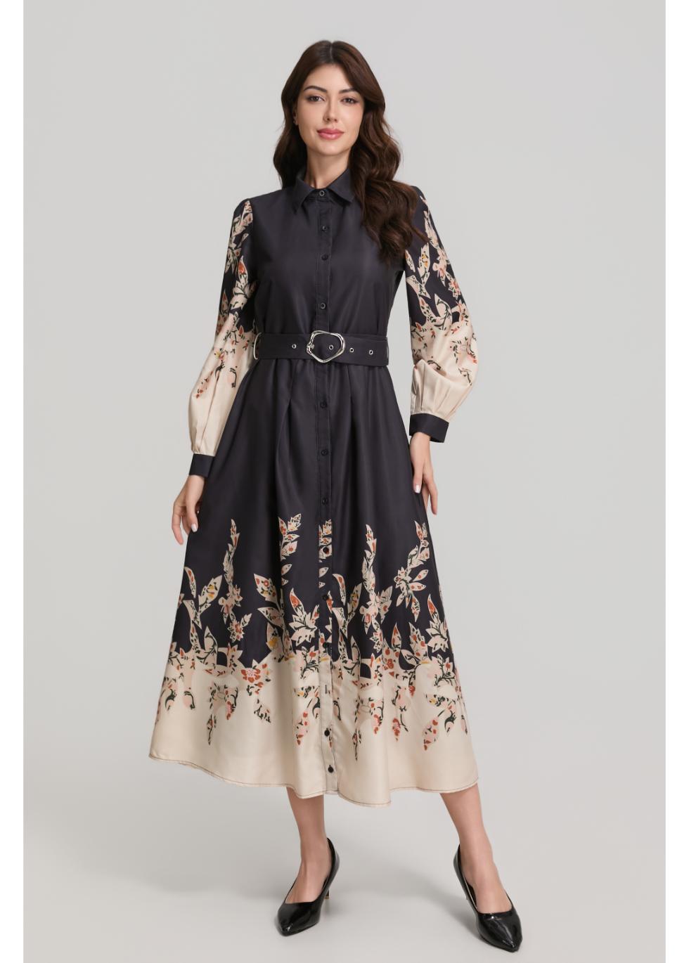Border Print Long Sleeve Shirt Dress with Belt